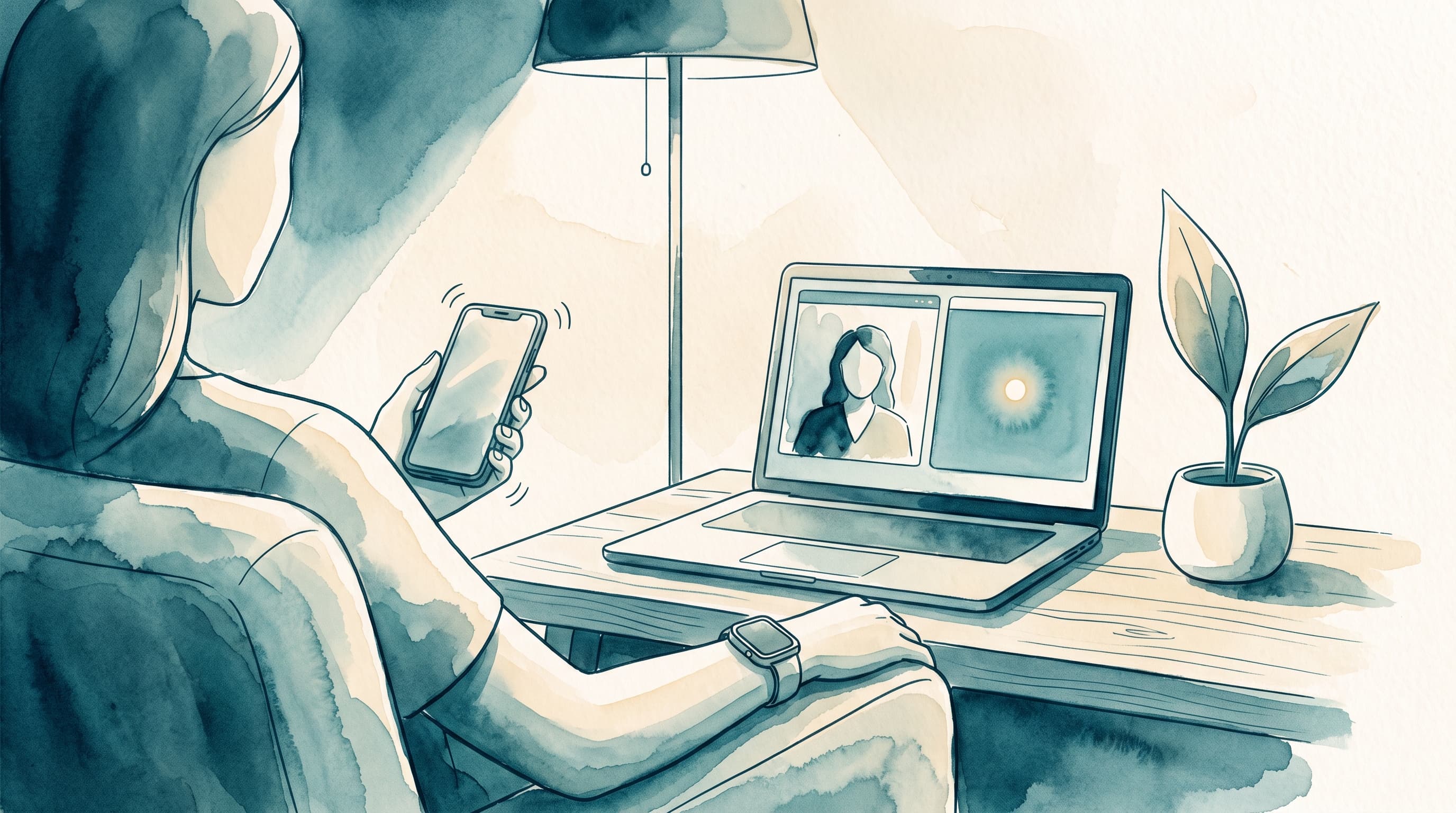 Watercolor illustration of a client at home in an armchair, seen from behind, holding a vibrating phone in one hand with an Apple Watch on the other wrist, facing a laptop that shows a video call beside a window with a single glowing dot, next to a small plant with two pointed leaves shaped like the EMDR Tappers logo