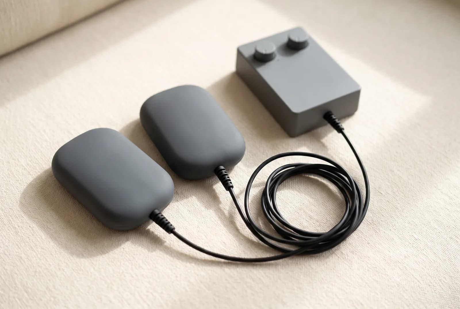 A pair of generic wired EMDR tappers with a small two-knob controller on a cream surface