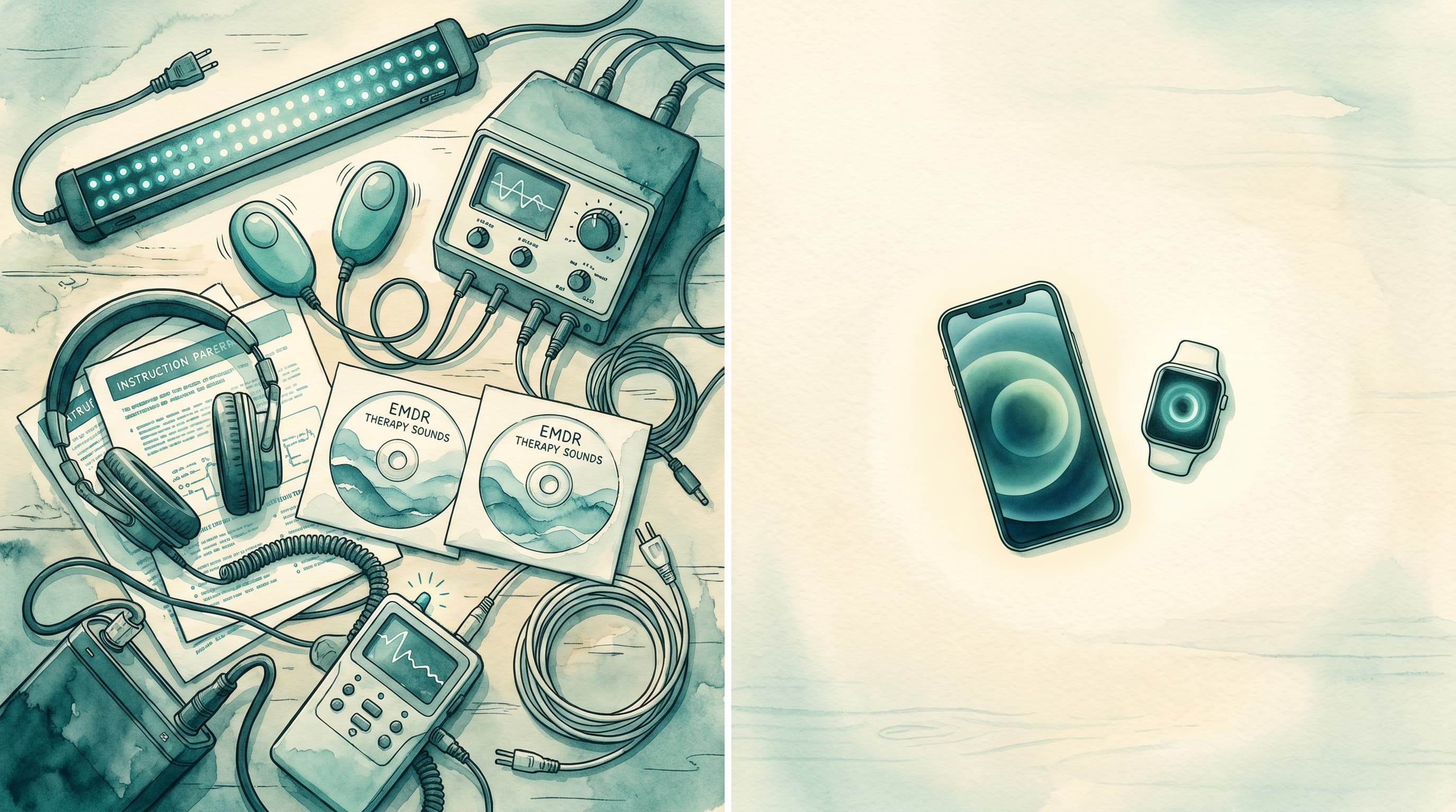 Two-panel watercolor comparison: a cluttered pile of traditional EMDR hardware (light bar, pulsers, cables, CDs) on the left, and a clean table with just a smartphone and an Apple Watch on the right