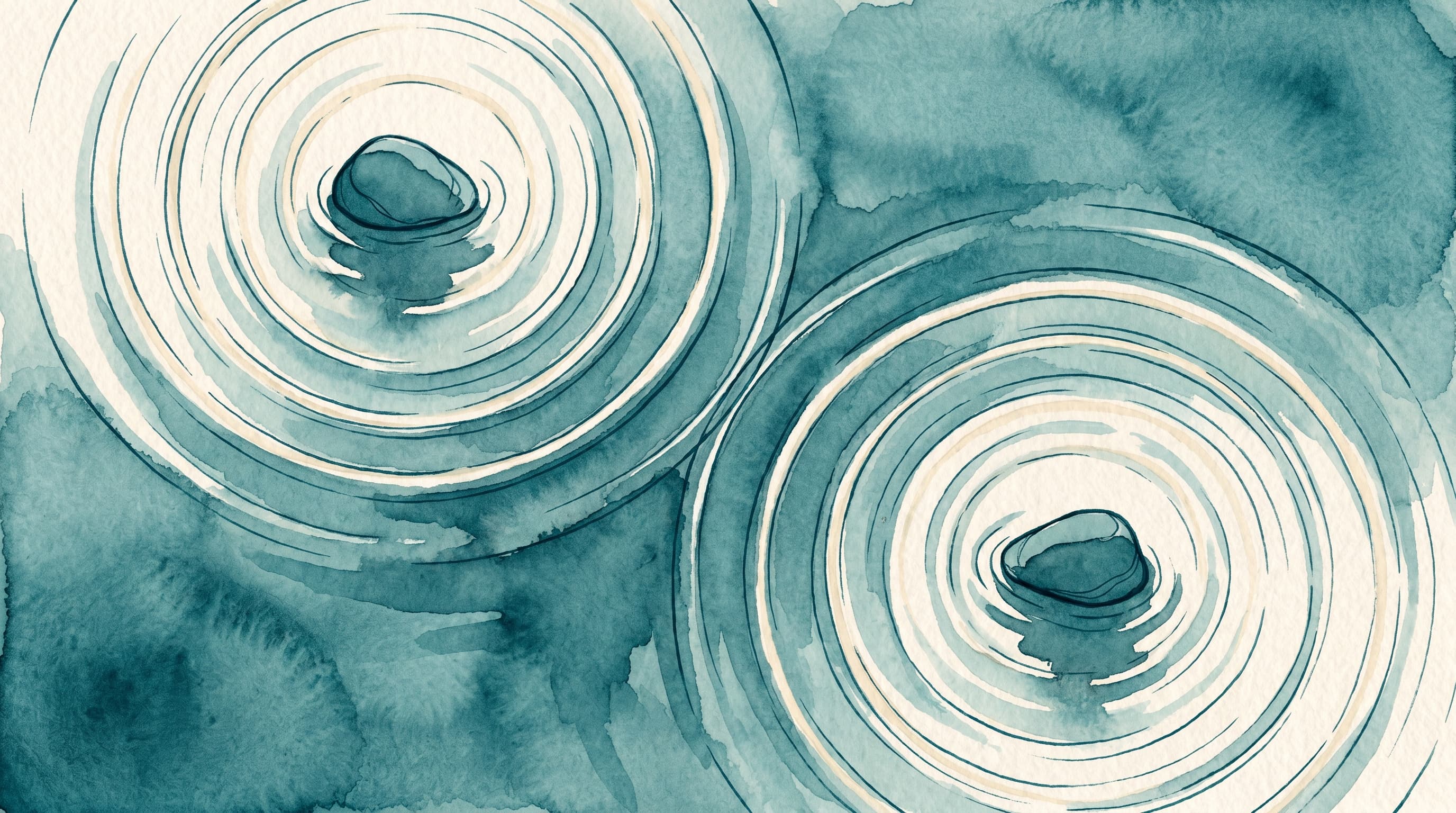 Watercolor illustration of two smooth stones in calm water with concentric ripples expanding outward and meeting in the middle, a visual metaphor for bilateral stimulation