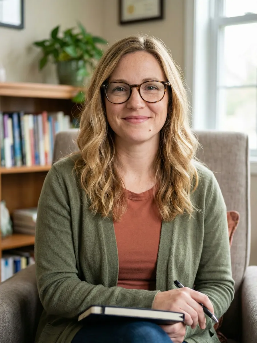 Therapist in a cozy office with laptop, natural light