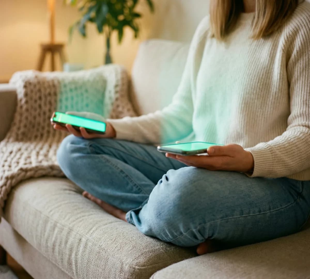 Person on a couch holding two phones running EMDR Tappers