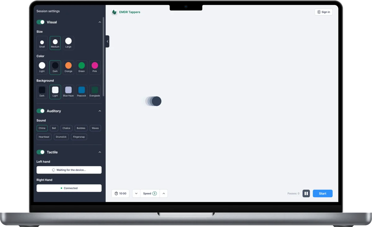 MacBook showing EMDR Tappers session with settings panel open